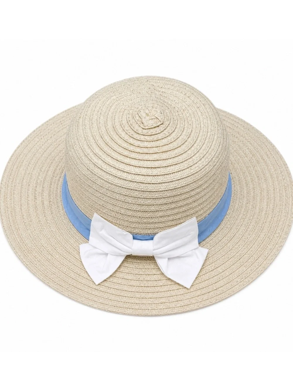 Tahari Kids Girls Straw Sun Hat Blue Ribbon White Bow Beach Easter‎ | One Size